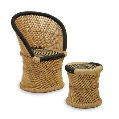 Orsina Rowan Woven Accent Chair and Stool Set – Natural and Black