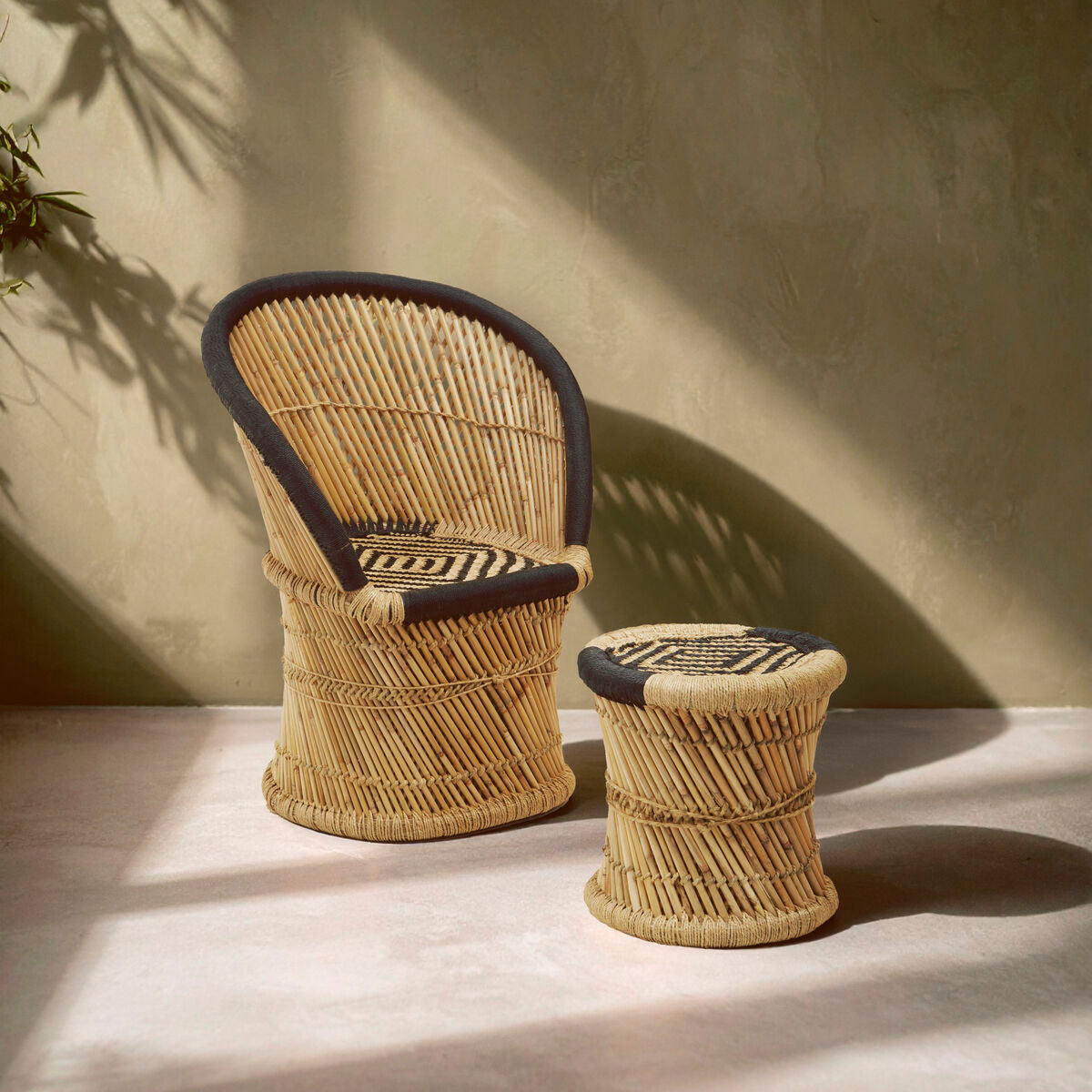 Orsina Rowan Woven Accent Chair and Stool Set – Natural and Black
