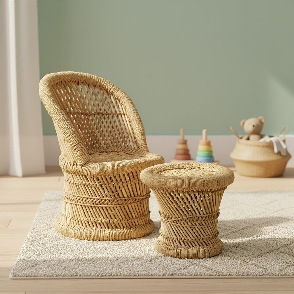 Orsina Rowan Children's Natural Rattan Chair and Stool Set