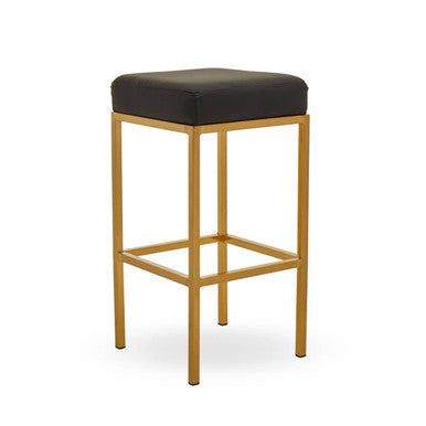 Orsina Baina Black Leather Bar Stool with Gold Square Base