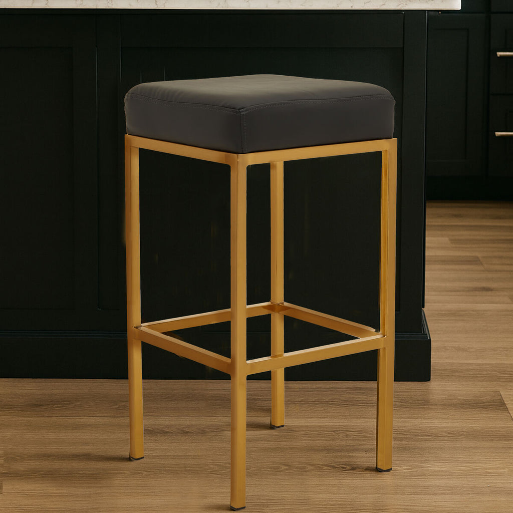 Orsina Baina Black Leather Bar Stool with Gold Square Base