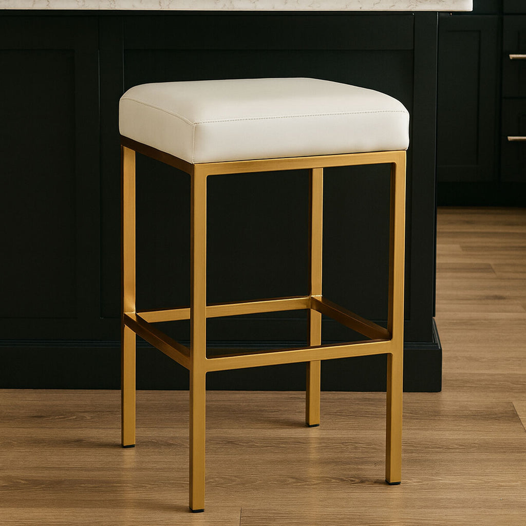 Orsina Baina Bar Stool | White Leather-Effect & Gold Square Base