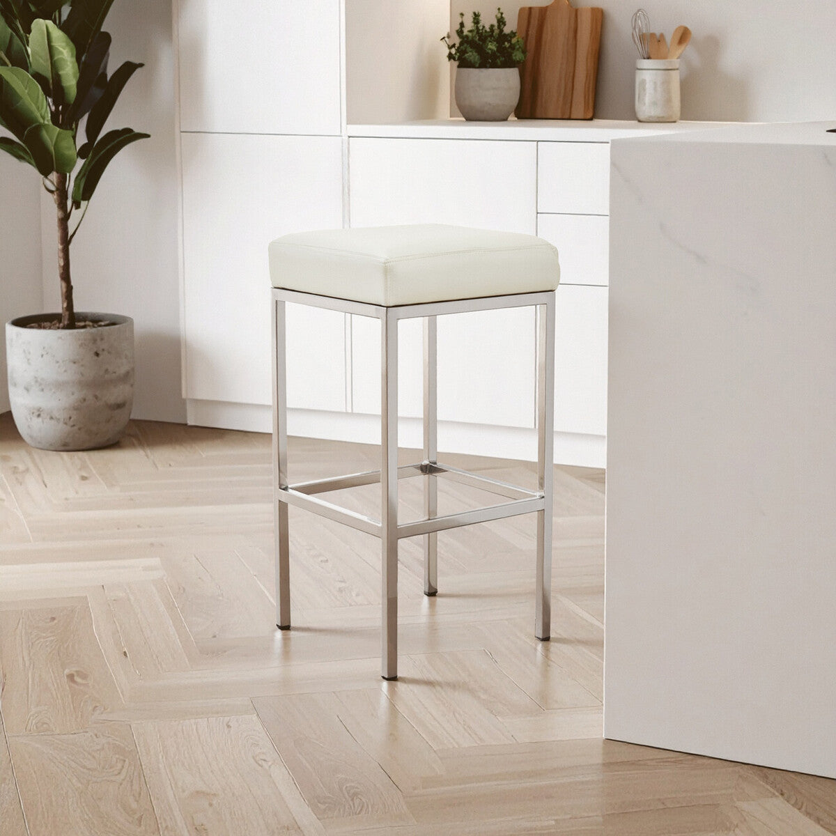 Orsina Baina Bar Stool | White Faux Leather & Chrome Square Base