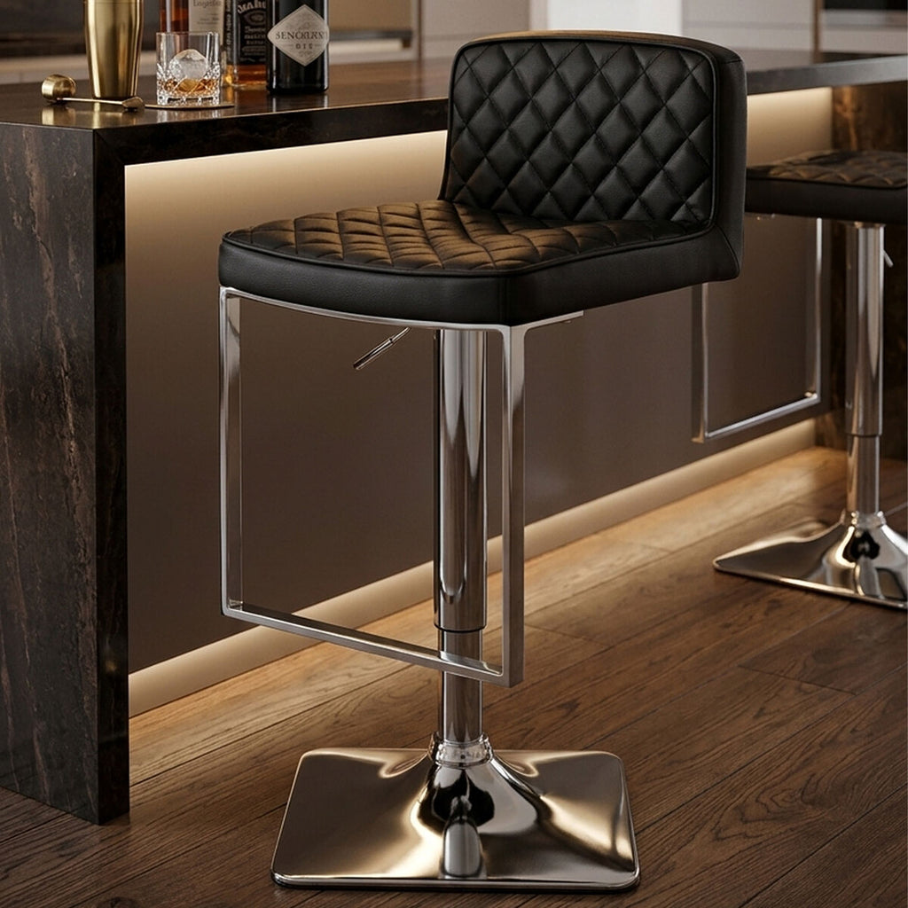 Orsina Baina Black PU Leather Swivel Bar Stool with Square Chrome Base