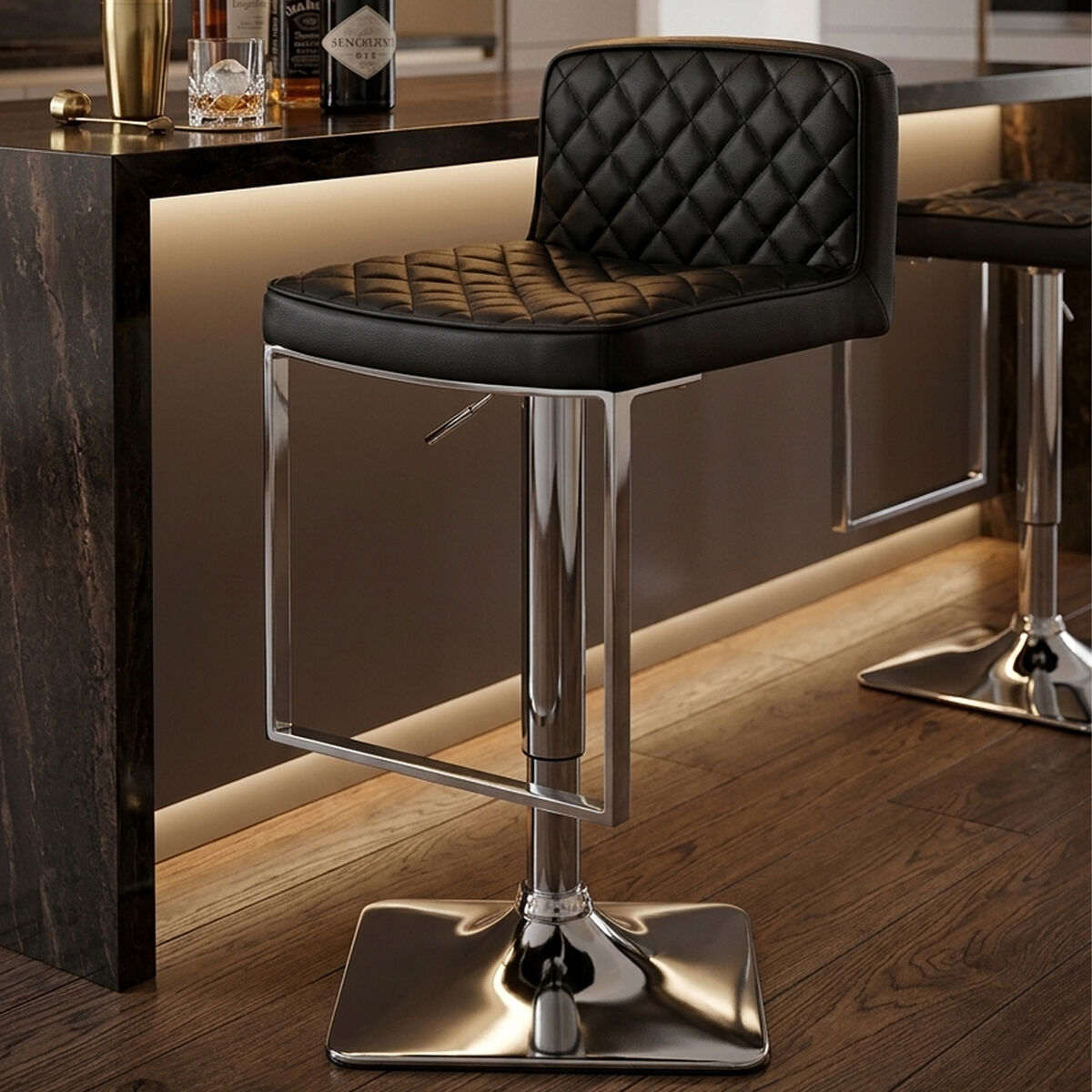 Orsina Baina Black PU Leather Swivel Bar Stool with Square Chrome Base