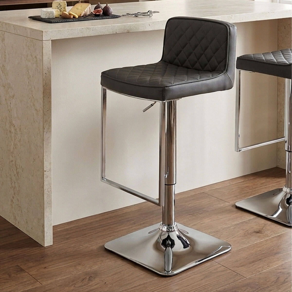 Orsina Baina Dark Grey PU Leather Swivel Bar Stool with Chrome Base