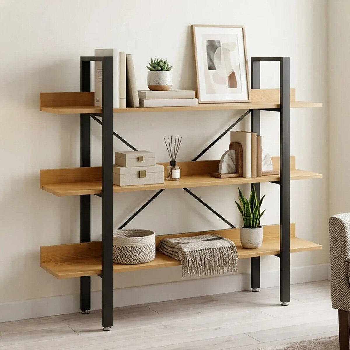 Orsina Laxton 3-Tier Ladder Shelving Unit | Light Oak Effect Bookcase