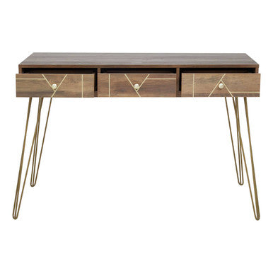 Orsina Flori 3-Drawer Wood Desk with Hairpin Legs and Gold Knobs