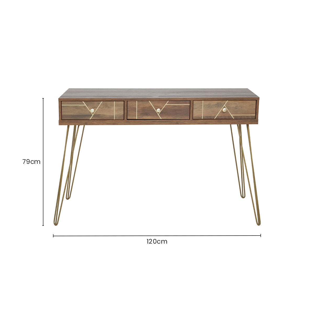 Orsina Flori 3-Drawer Wood Desk with Hairpin Legs and Gold Knobs
