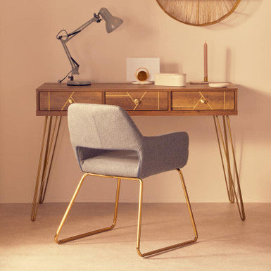 Orsina Flori 3-Drawer Wood Desk with Hairpin Legs and Gold Knobs