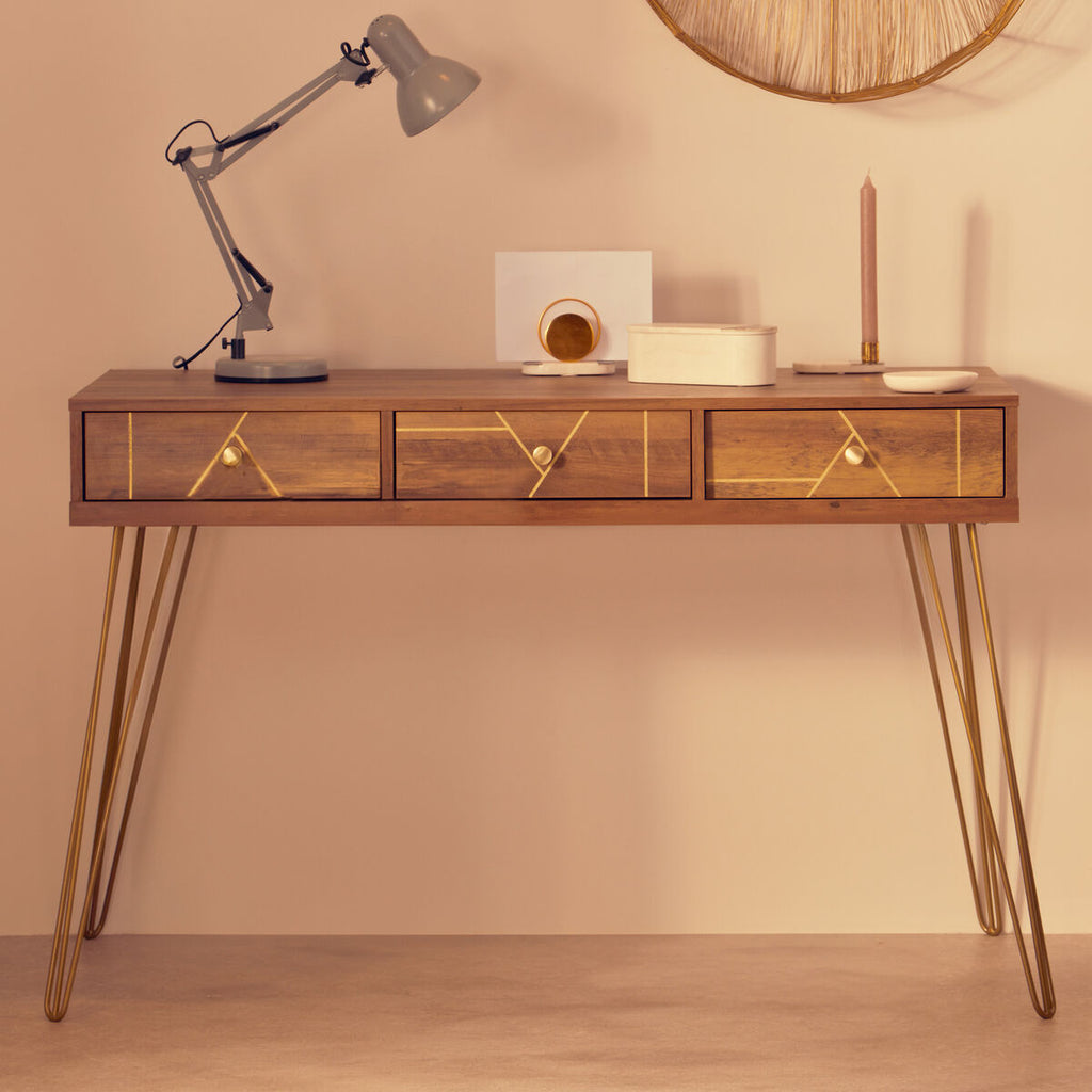 Orsina Flori 3-Drawer Wood Desk with Hairpin Legs and Gold Knobs