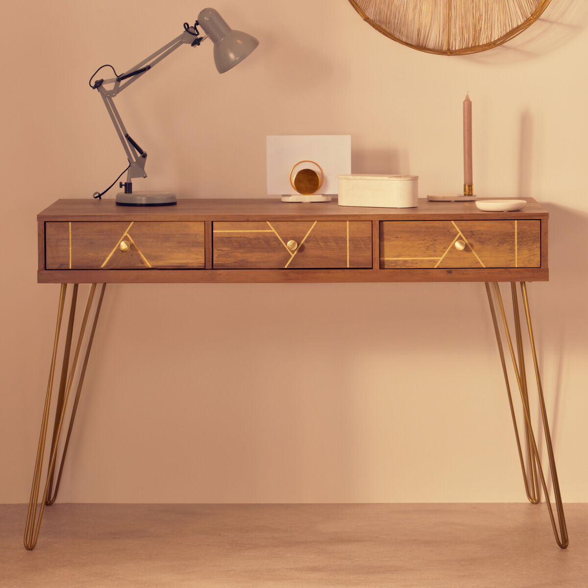 Orsina Flori 3-Drawer Wood Desk with Hairpin Legs and Gold Knobs