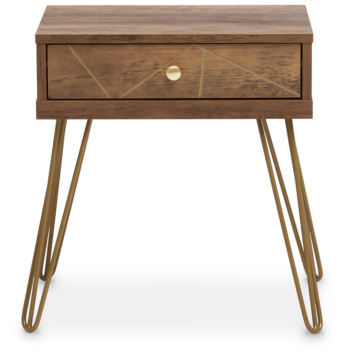 Orsina Flori Brown Wood Side Table with Geometric Drawer & Hairpin Legs