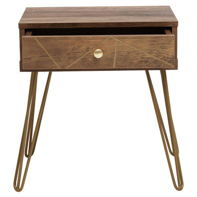 Orsina Flori Brown Wood Side Table with Geometric Drawer & Hairpin Legs