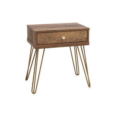 Orsina Flori Brown Wood Side Table with Geometric Drawer & Hairpin Legs