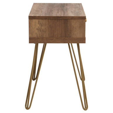 Orsina Flori Brown Wood Side Table with Geometric Drawer & Hairpin Legs