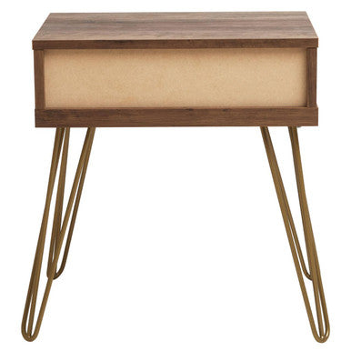 Orsina Flori Brown Wood Side Table with Geometric Drawer & Hairpin Legs
