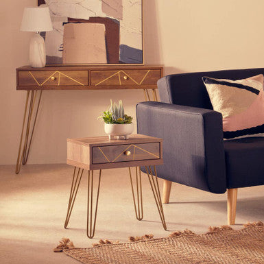 Orsina Flori Brown Wood Side Table with Geometric Drawer & Hairpin Legs