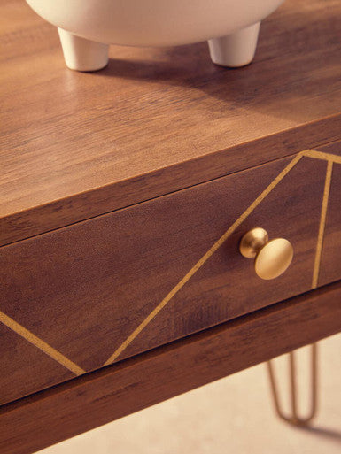 Orsina Flori Brown Wood Side Table with Geometric Drawer & Hairpin Legs
