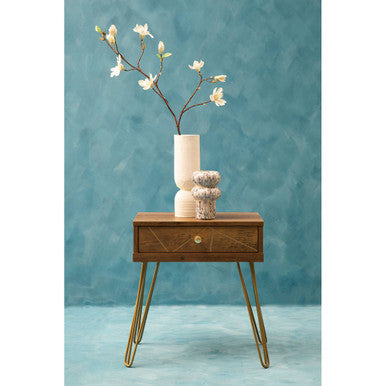 Orsina Flori Brown Wood Side Table with Geometric Drawer & Hairpin Legs