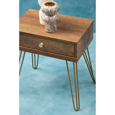Orsina Flori Brown Wood Side Table with Geometric Drawer & Hairpin Legs