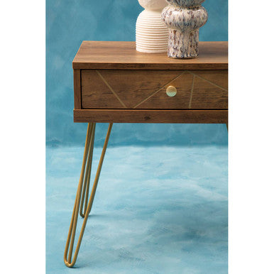 Orsina Flori Brown Wood Side Table with Geometric Drawer & Hairpin Legs