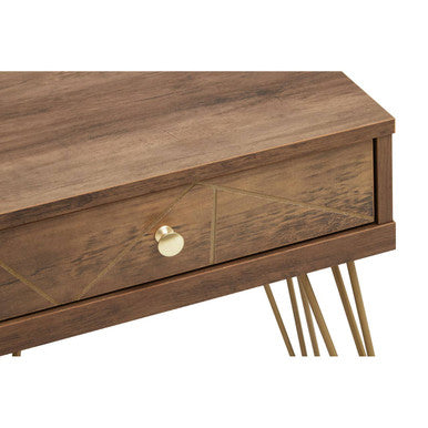 Orsina Flori Brown Wood Side Table with Geometric Drawer & Hairpin Legs