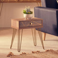 Orsina Flori Brown Wood Side Table with Geometric Drawer & Hairpin Legs