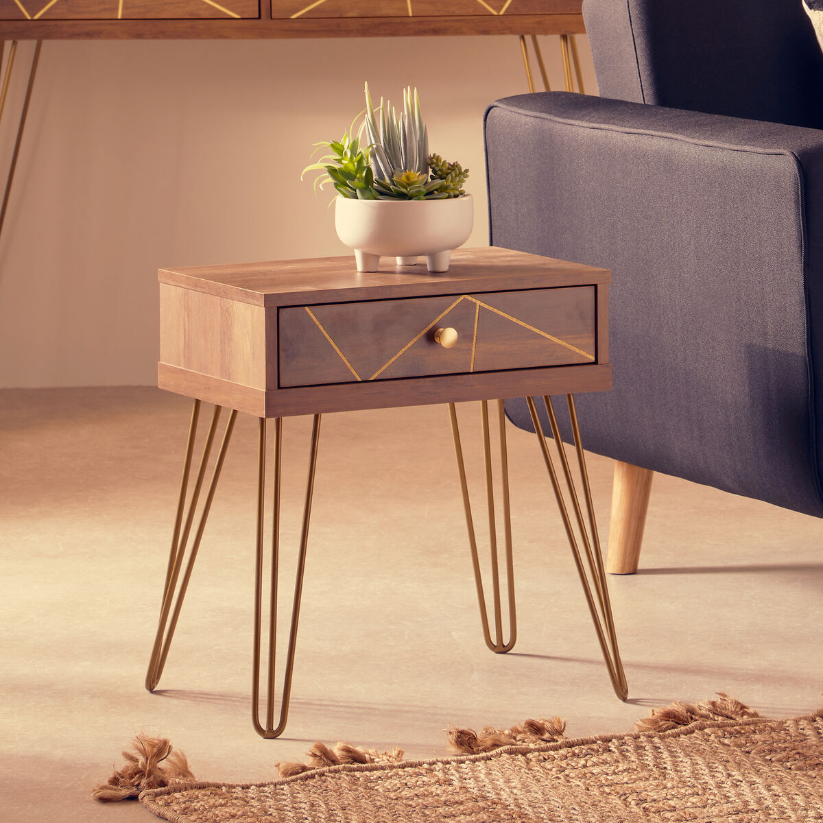 Orsina Flori Brown Wood Side Table with Geometric Drawer & Hairpin Legs