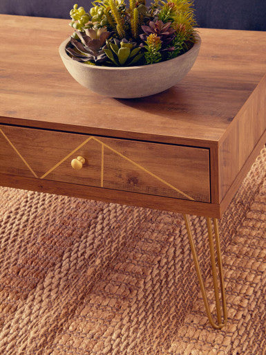 Orsina Flori Wood Coffee Table with 2 Drawers and Hairpin Legs
