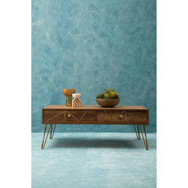 Orsina Flori Wood Coffee Table with 2 Drawers and Hairpin Legs