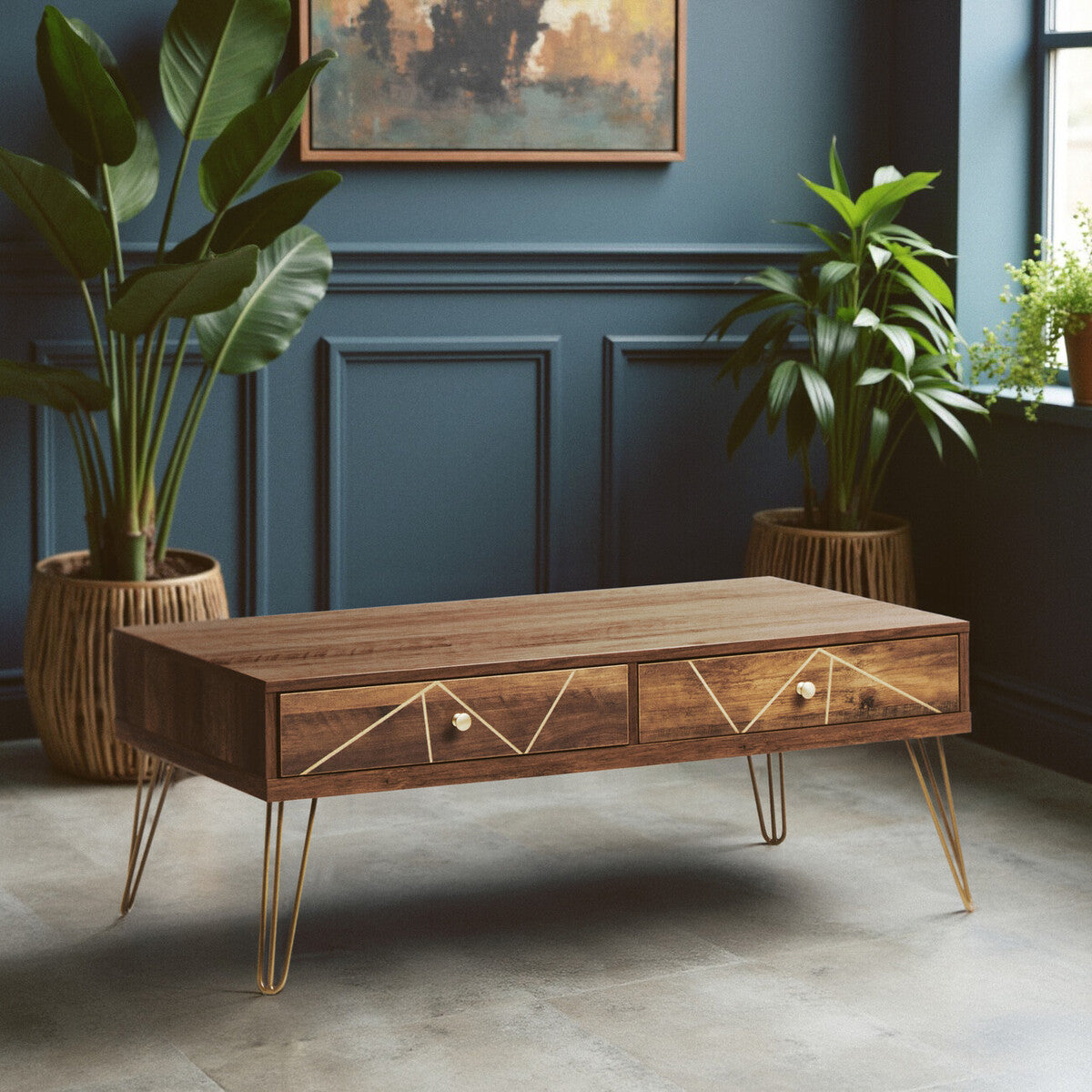 Orsina Flori Wood Coffee Table with 2 Drawers and Hairpin Legs