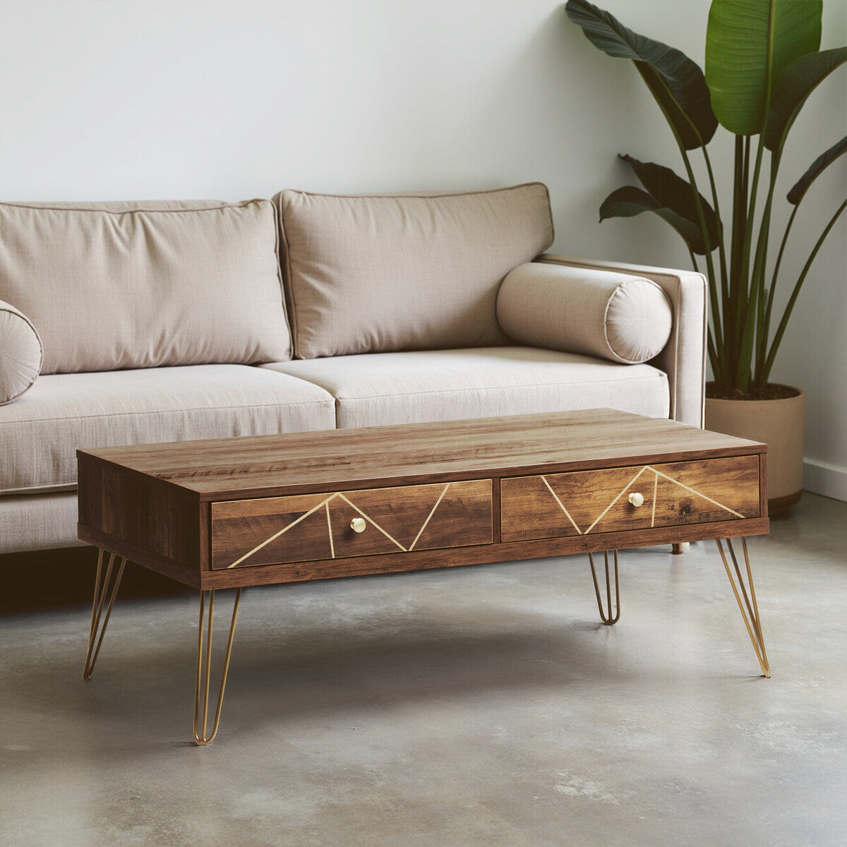 Orsina Flori Wood Coffee Table with 2 Drawers and Hairpin Legs