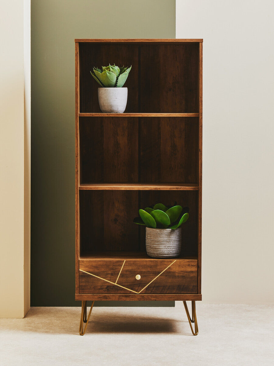 Orsina Flori 3 Tier Shelving Unit with Drawer – Mid-Century Wood Bookcase