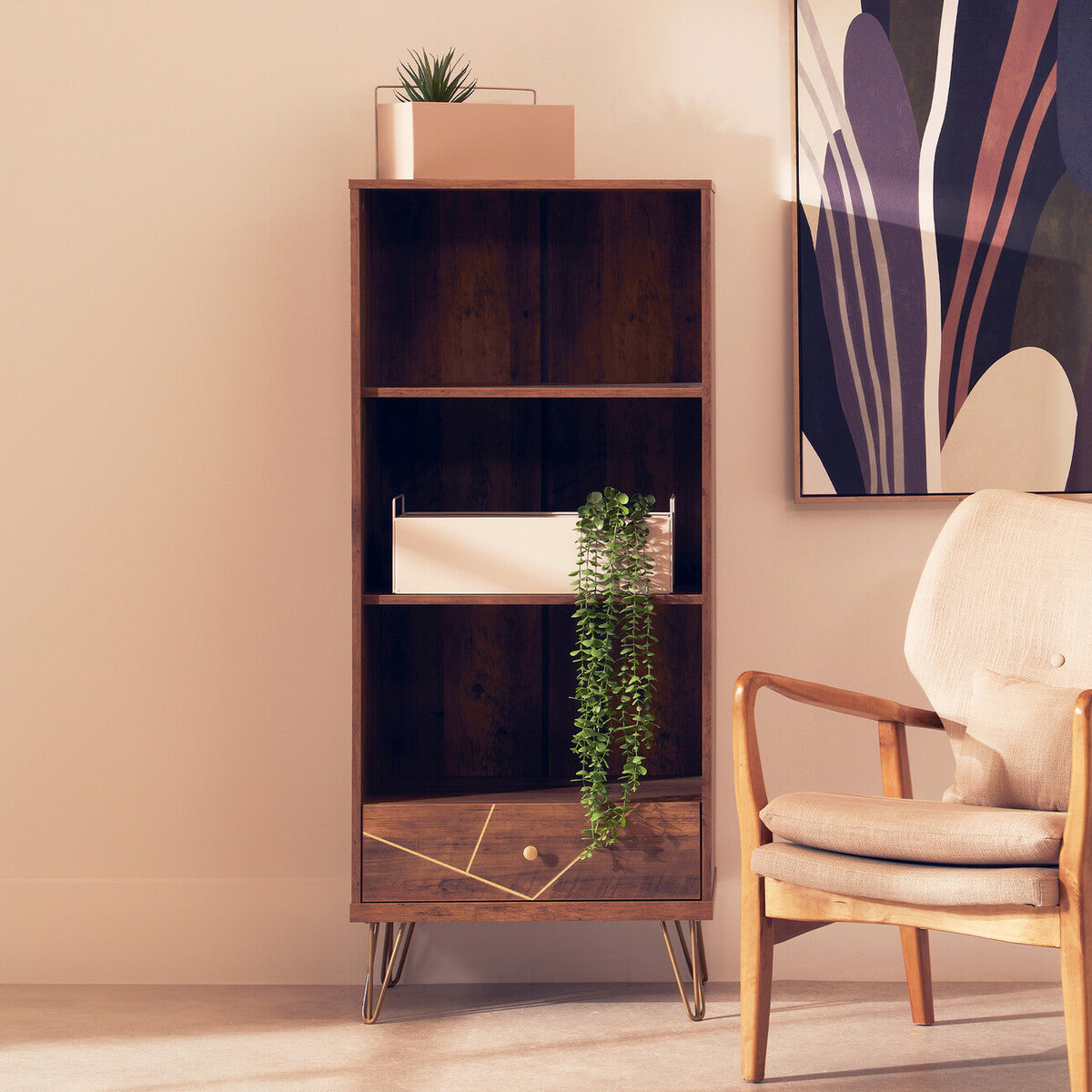 Orsina Flori 3 Tier Shelving Unit with Drawer – Mid-Century Wood Bookcase