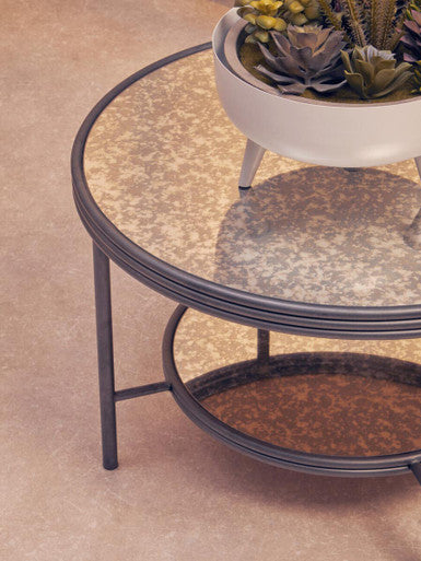 Orsina Xania Round Mirrored Coffee Table – Two Tier Antique Glass