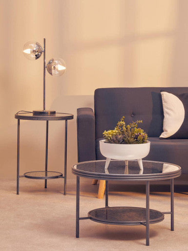 Orsina Xania 2-Tier Round Side Table – Black & Silver Mirrored Glass