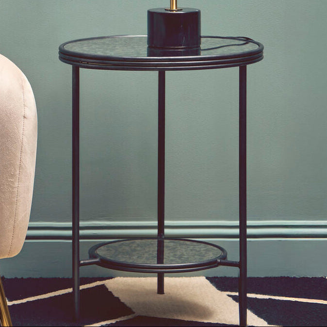 Orsina Xania 2-Tier Round Side Table – Black & Silver Mirrored Glass