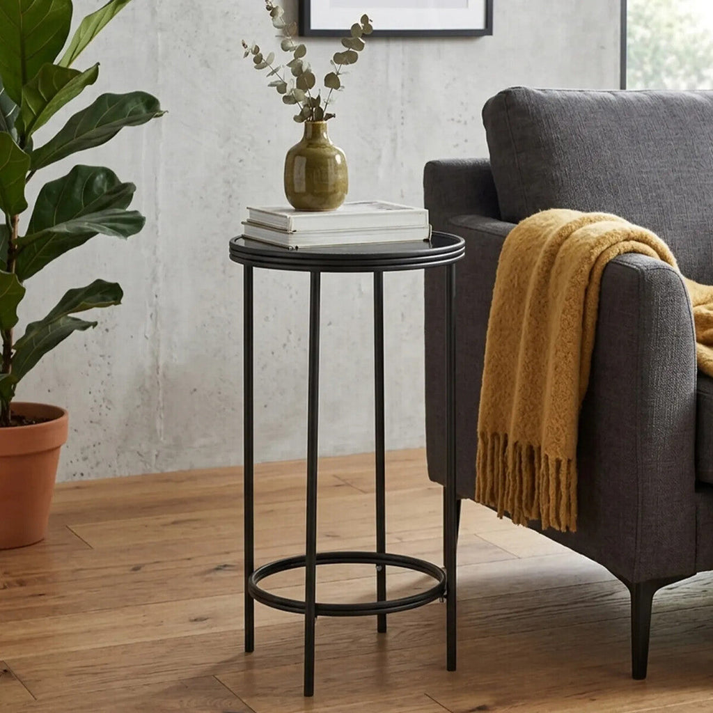 Orsina Xania Mirrored Side Table – Black Metal Two Tier Round End Table