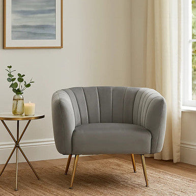 Orsina Larissa Grey Velvet Accent Chair – Channel Tufted Gold Legs