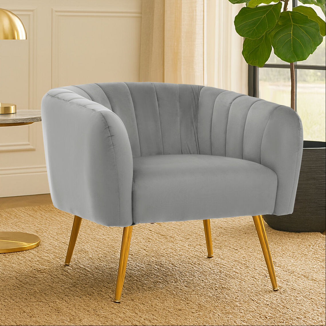 Orsina Larissa Grey Velvet Accent Chair – Channel Tufted Gold Legs