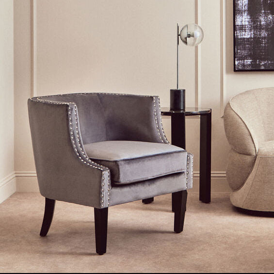 Orsina Larissa Grey Velvet Accent Chair | Studded Armrest Seating