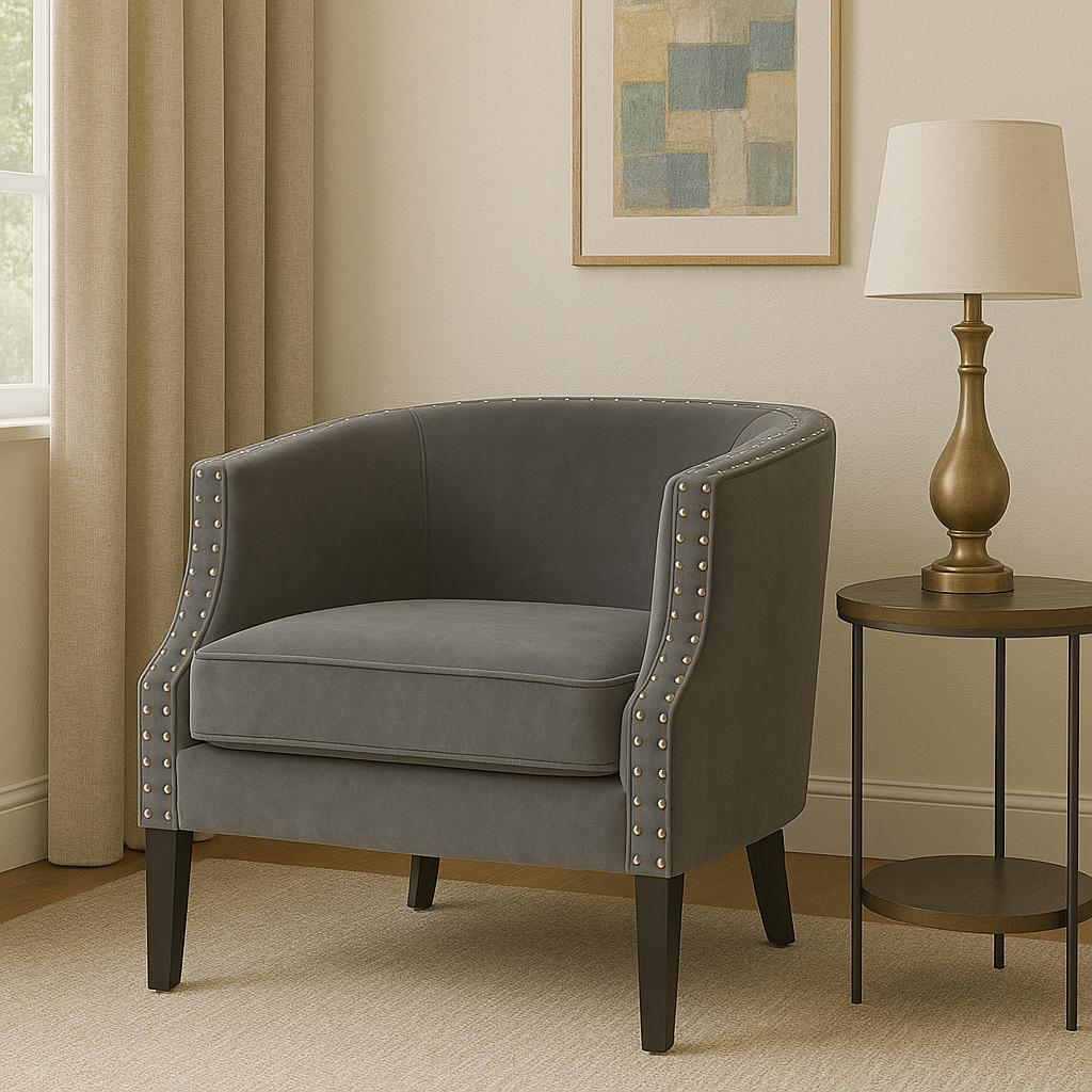 Orsina Larissa Grey Velvet Accent Chair | Studded Armrest Seating