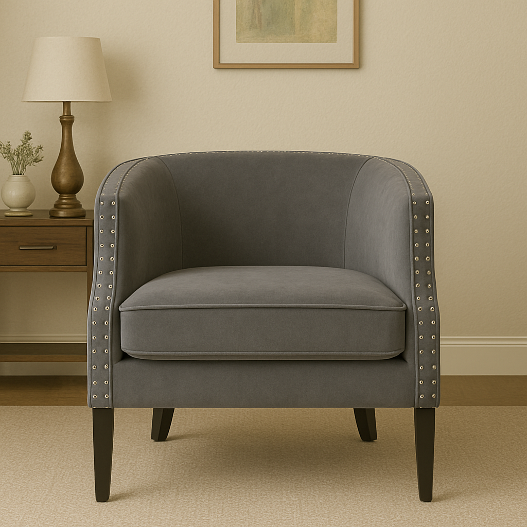 Orsina Larissa Grey Velvet Accent Chair | Studded Armrest Seating