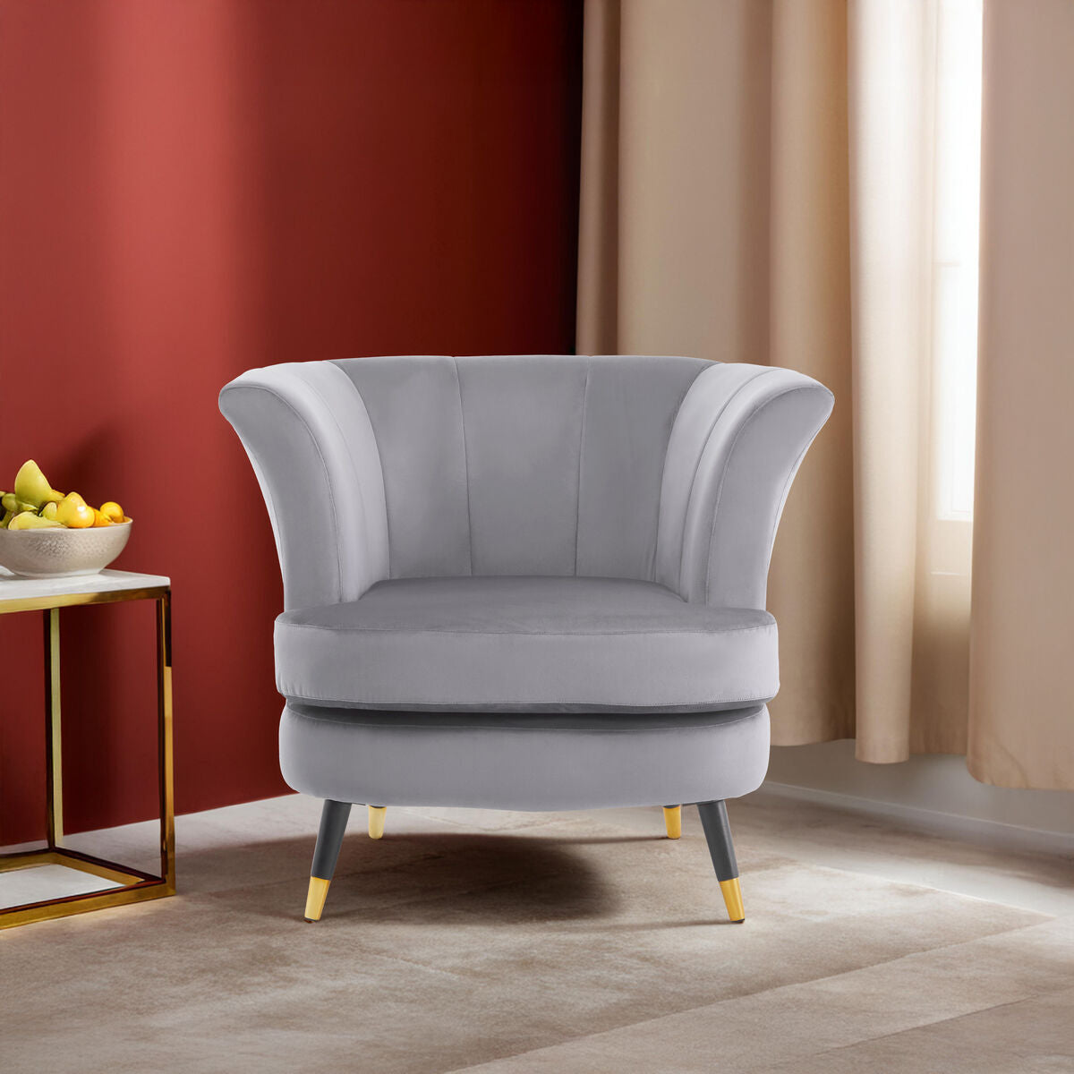 Orsina Loretta Grey Velvet Accent Chair – Scalloped Back Armchair