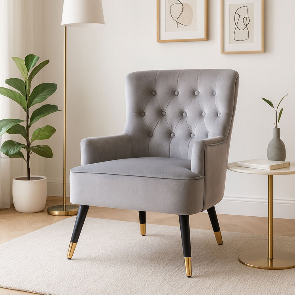 Orsina Loretta Grey Velvet Tufted Accent Chair with Gold Tipped Legs