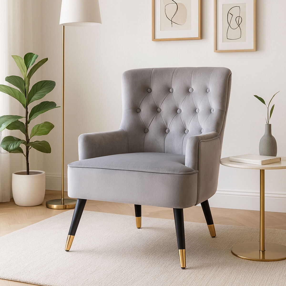 Orsina Loretta Grey Velvet Tufted Accent Chair with Gold Tipped Legs