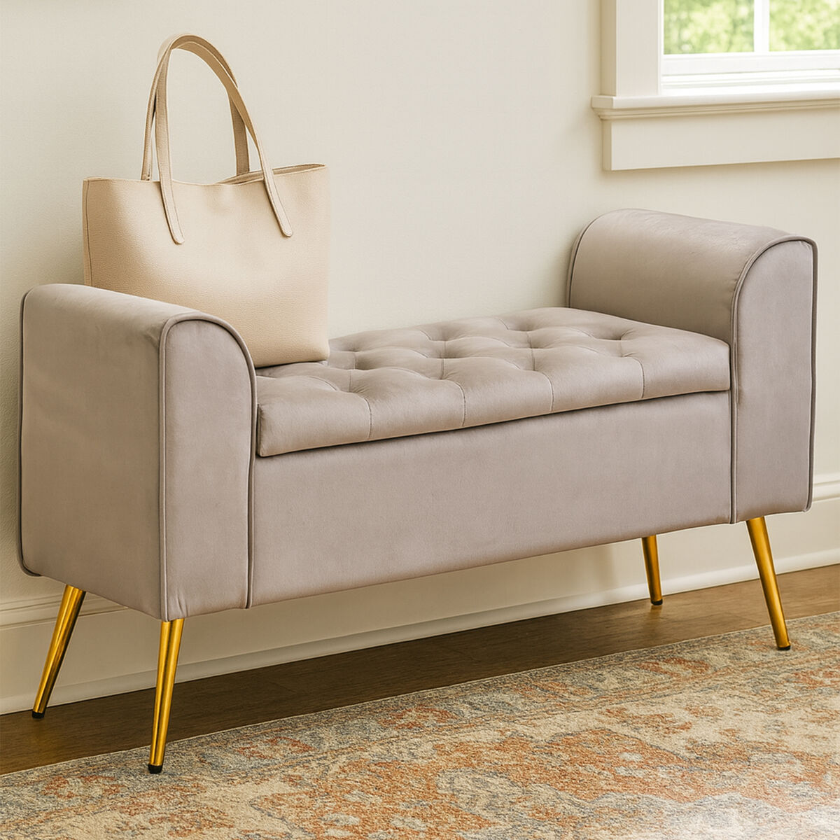 Orsina Loretta Mink Velvet Ottoman Storage Bench with Gold Legs
