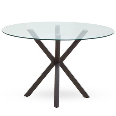 Orsina Salford Round Glass Dining Table | Black Wood Effect Metal Legs