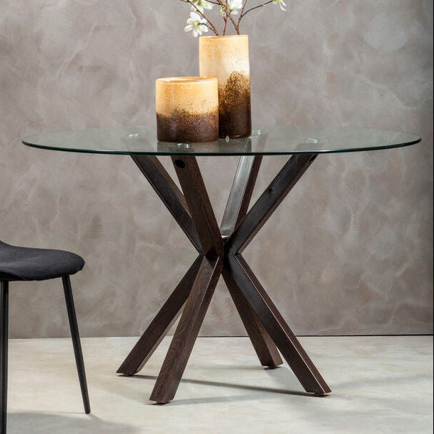 Orsina Salford Round Glass Dining Table | Black Wood Effect Metal Legs